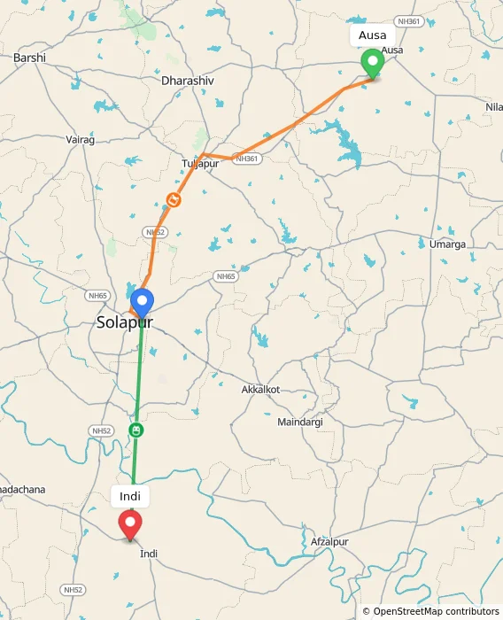 Route map showing distance and travel time from Ausa, India to Indi, India