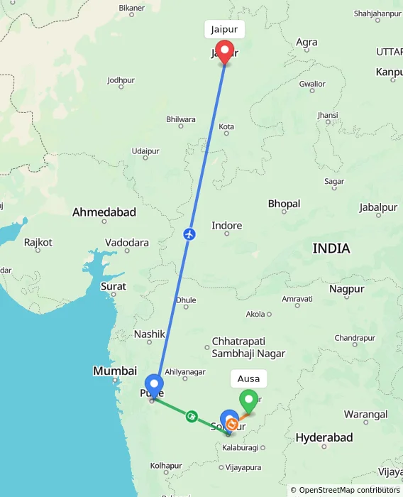 Route map showing distance and travel time from Ausa, India to Jaipur, India