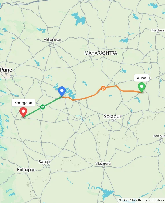 Route map showing distance and travel time from Ausa, India to Koregaon, India