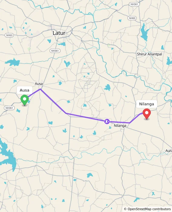 Route map showing distance and travel time from Ausa, India to Nilanga, India
