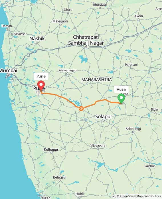 Route map showing distance and travel time from Ausa, India to Pune, India