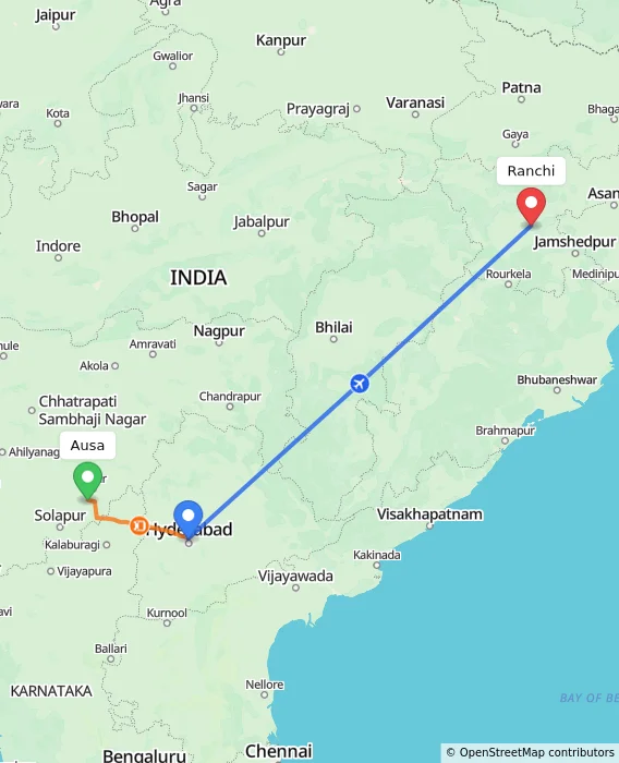 Route map showing distance and travel time from Ausa, India to Ranchi, India