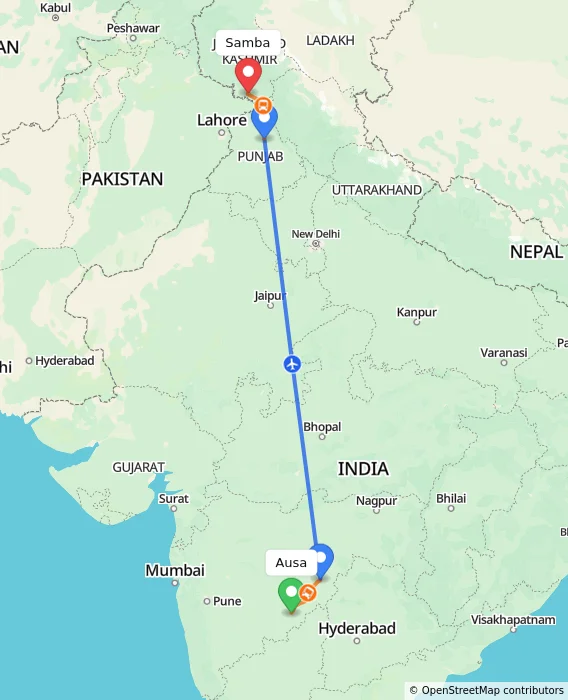 Route map showing distance and travel time from Ausa, India to Samba, India