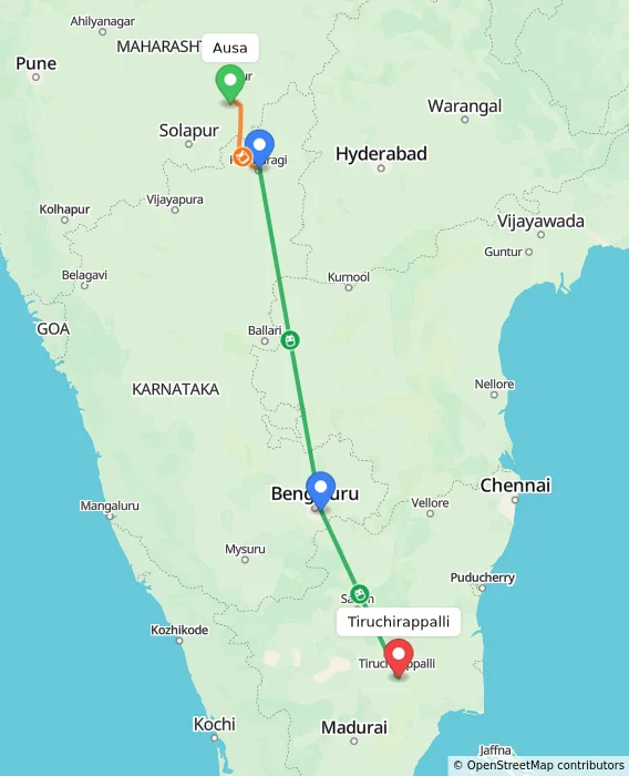 Route map showing distance and travel time from Ausa, India to Tiruchirappalli, India