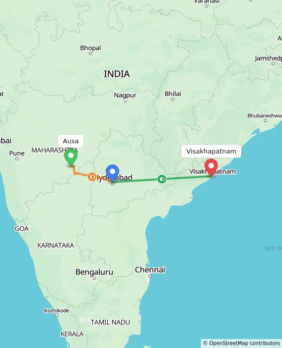 Route map showing distance and travel time from Ausa, India to Visakhapatnam, India
