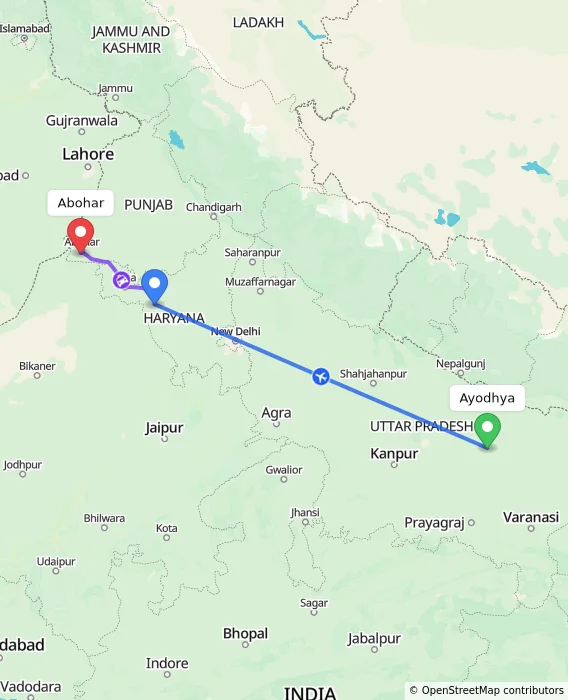 Route map showing distance and travel time from Ayodhya, India to Abohar, India