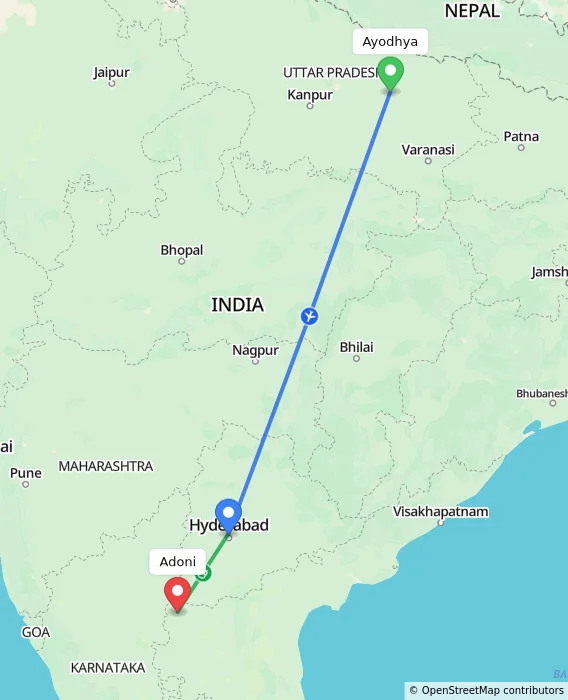 Route map showing distance and travel time from Ayodhya, India to Adoni, India