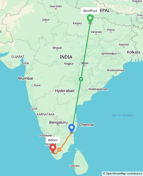 Route map showing distance and travel time from Ayodhya, India to Adoor, India