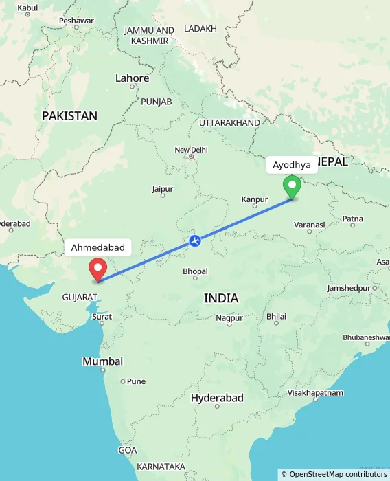 Route map showing distance and travel time from Ayodhya, India to Ahmedabad, India