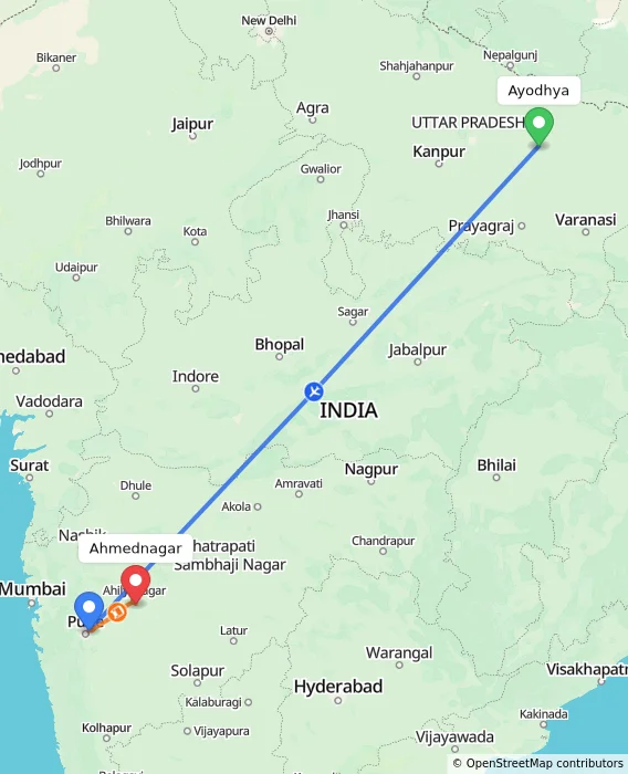 Route map showing distance and travel time from Ayodhya, India to Ahmednagar, India