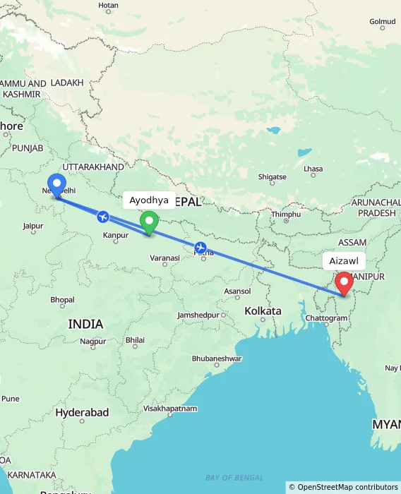 Route map showing distance and travel time from Ayodhya, India to Aizawl, India