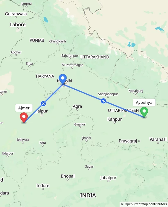 Route map showing distance and travel time from Ayodhya, India to Ajmer, India