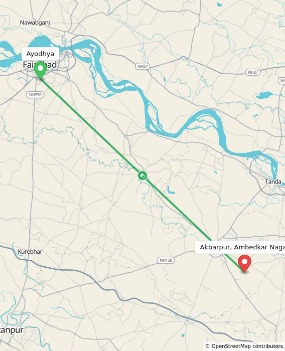Route map showing distance and travel time from Ayodhya, India to Akbarpur, Ambedkar Nagar, India