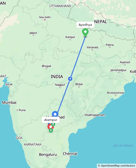 Route map showing distance and travel time from Ayodhya, India to Alampur, India
