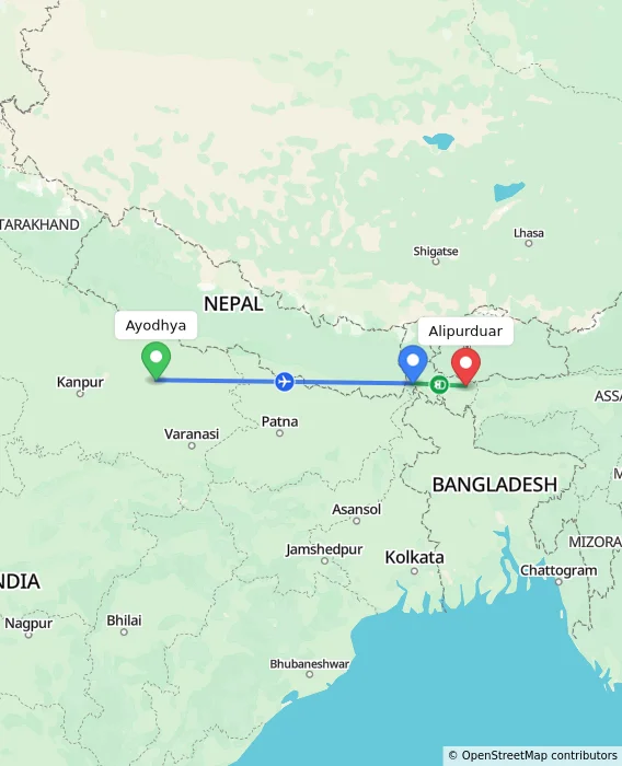 Route map showing distance and travel time from Ayodhya, India to Alipurduar, India
