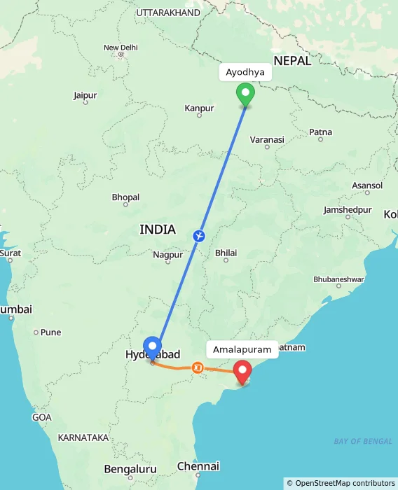 Route map showing distance and travel time from Ayodhya, India to Amalapuram, India