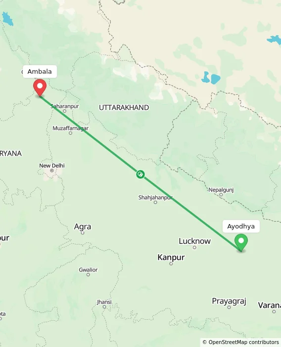 Route map showing distance and travel time from Ayodhya, India to Ambala, India