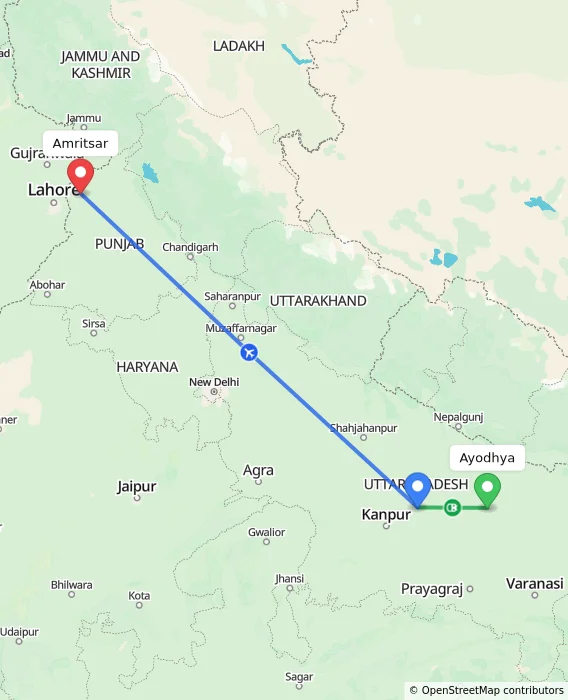 Route map showing distance and travel time from Ayodhya, India to Amritsar, India