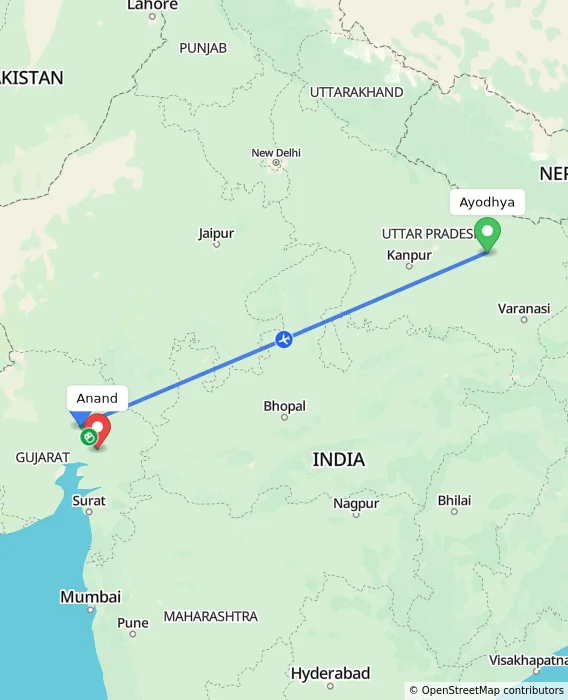 Route map showing distance and travel time from Ayodhya, India to Anand, India