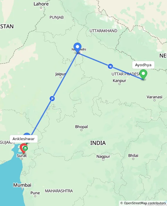 Route map showing distance and travel time from Ayodhya, India to Ankleshwar, India