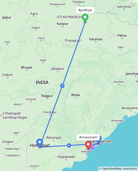 Route map showing distance and travel time from Ayodhya, India to Annavaram, India