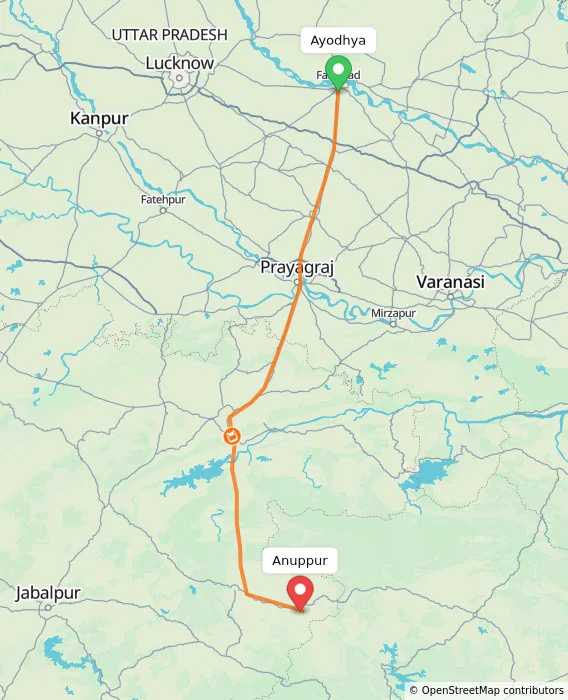 Route map showing distance and travel time from Ayodhya, India to Anuppur, India