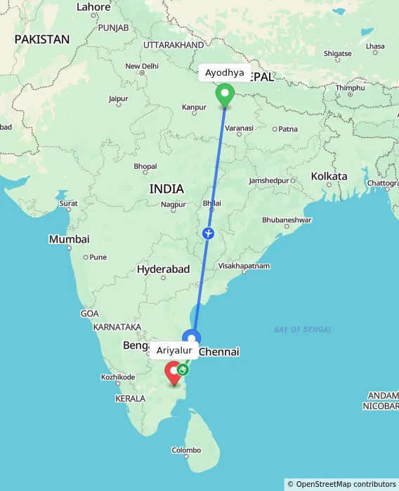 Route map showing distance and travel time from Ayodhya, India to Ariyalur, India