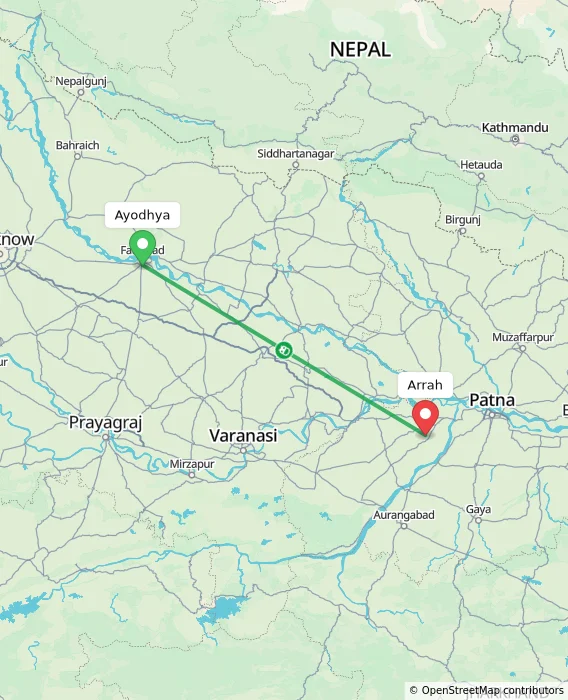 Route map showing distance and travel time from Ayodhya, India to Arrah, India