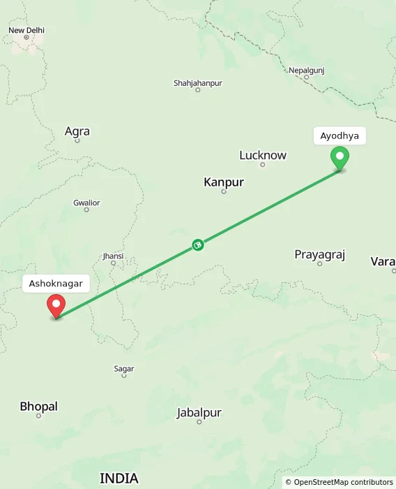 Route map showing distance and travel time from Ayodhya, India to Ashoknagar, India