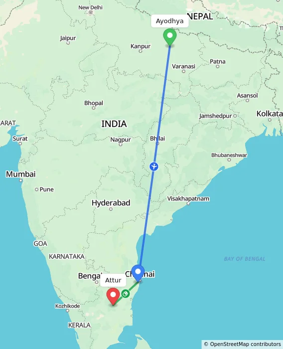 Route map showing distance and travel time from Ayodhya, India to Attur, India