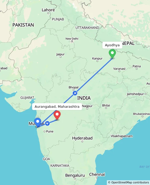 Route map showing distance and travel time from Ayodhya, India to Aurangabad, Maharashtra, India