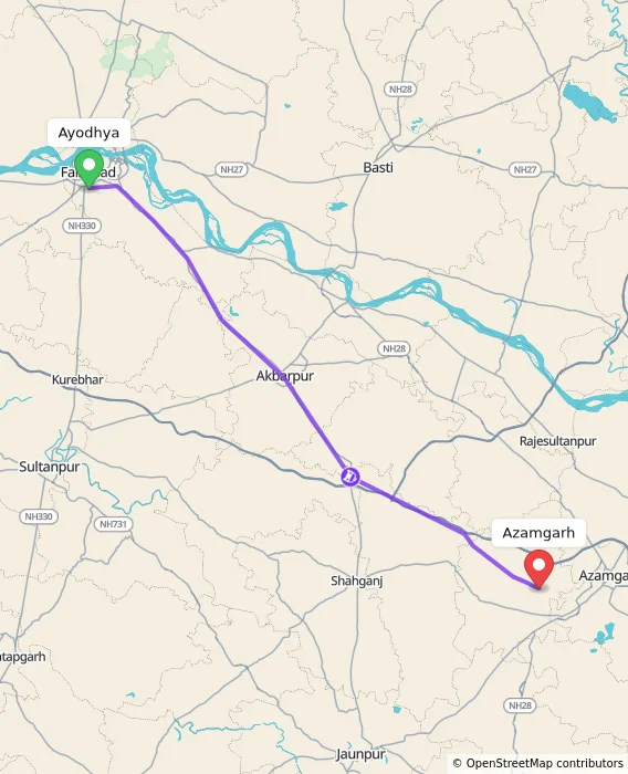 Route map showing distance and travel time from Ayodhya, India to Azamgarh, India