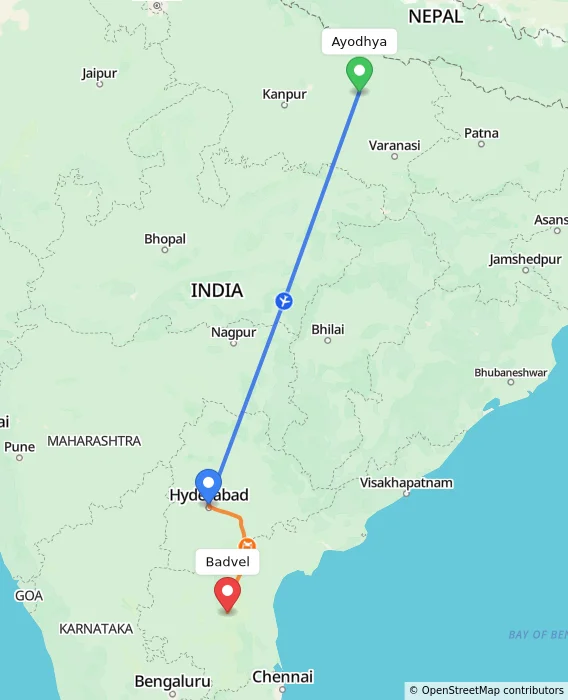 Route map showing distance and travel time from Ayodhya, India to Badvel, India