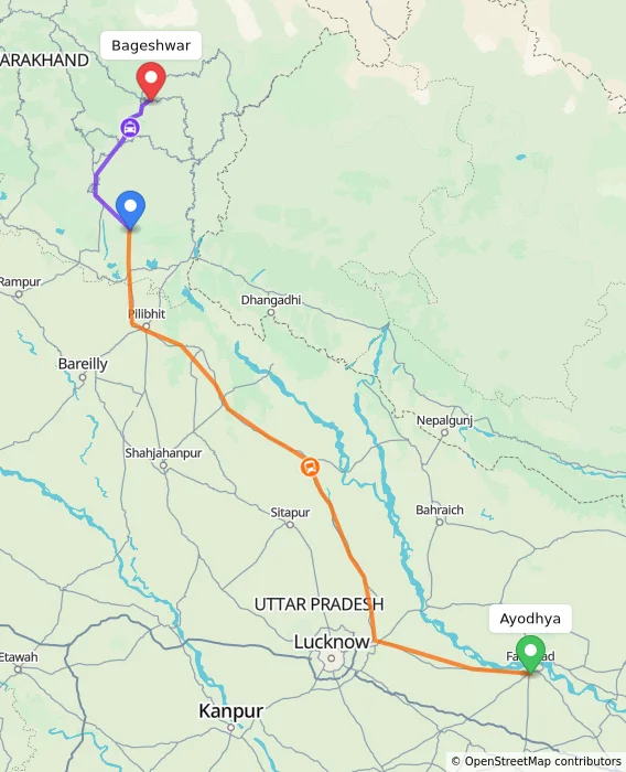 Route map showing distance and travel time from Ayodhya, India to Bageshwar, India