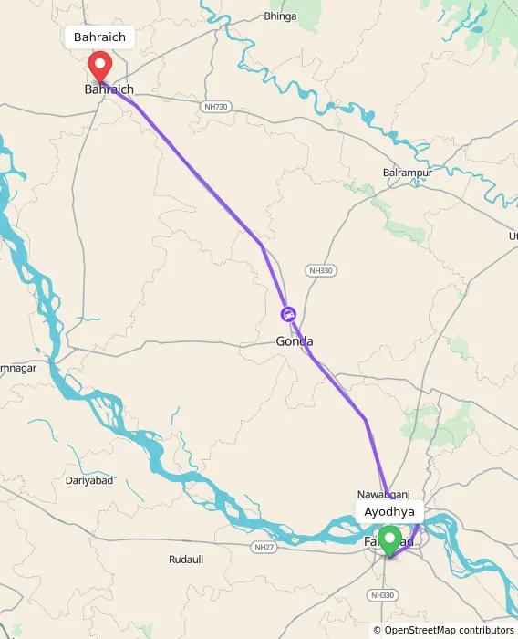 Route map showing distance and travel time from Ayodhya, India to Bahraich, India