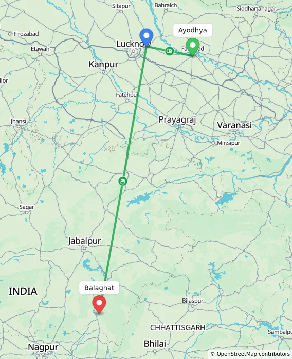 Route map showing distance and travel time from Ayodhya, India to Balaghat, India