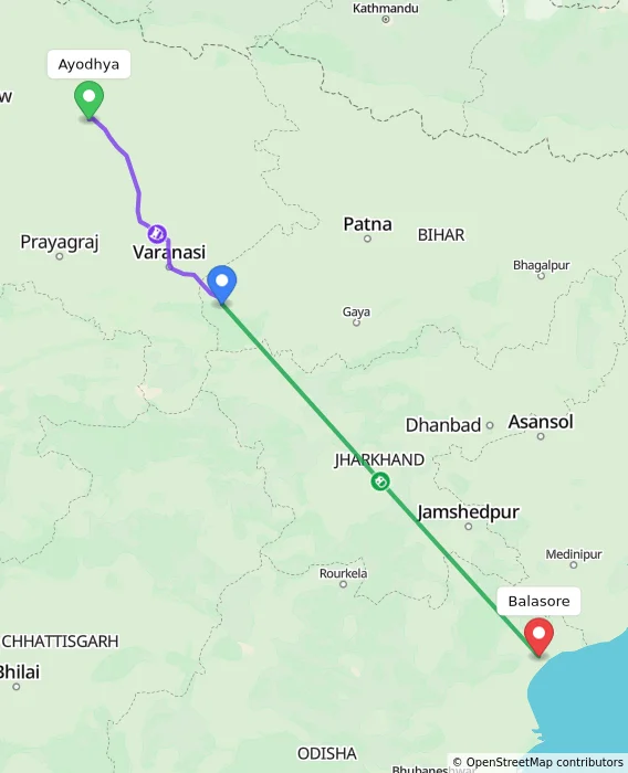 Route map showing distance and travel time from Ayodhya, India to Balasore, India