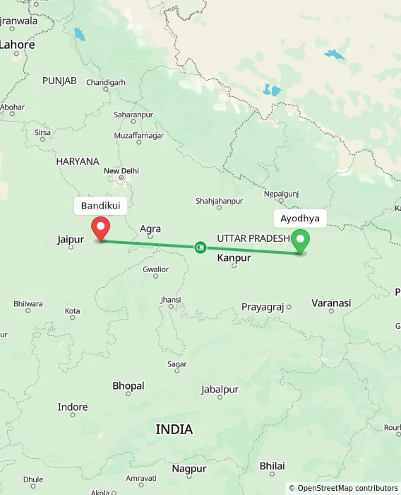 Route map showing distance and travel time from Ayodhya, India to Bandikui, India