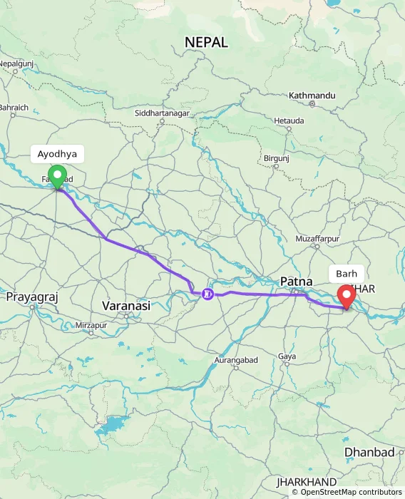 Route map showing distance and travel time from Ayodhya, India to Barh, India