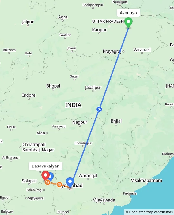 Route map showing distance and travel time from Ayodhya, India to Basavakalyan, India