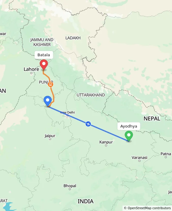 Route map showing distance and travel time from Ayodhya, India to Batala, India