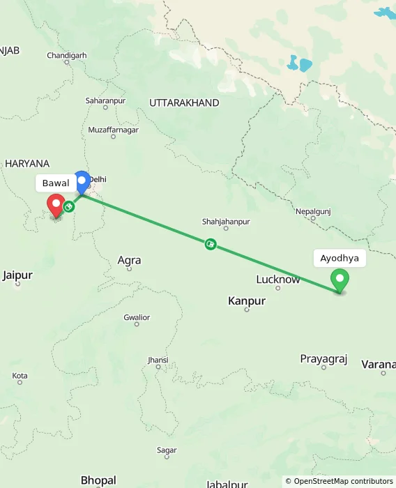 Route map showing distance and travel time from Ayodhya, India to Bawal, India