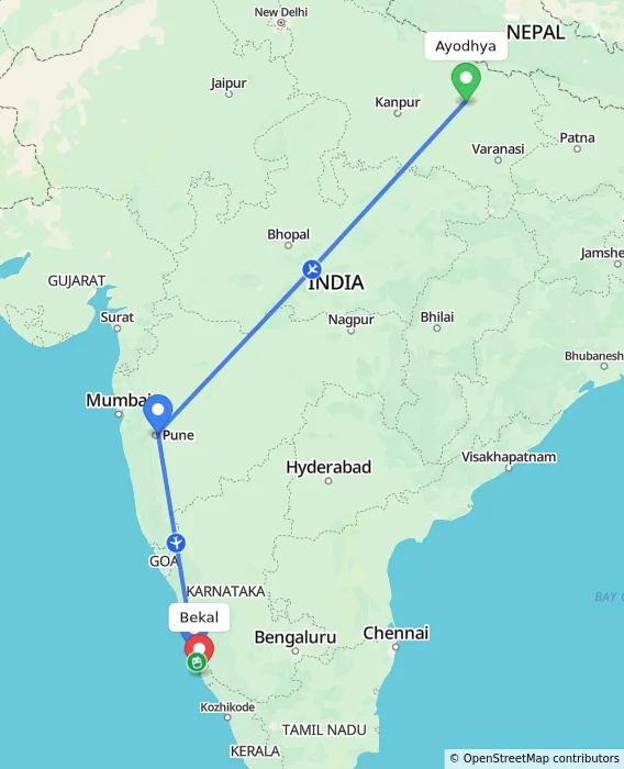 Route map showing distance and travel time from Ayodhya, India to Bekal, India