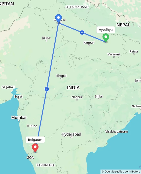 Route map showing distance and travel time from Ayodhya, India to Belgaum, India