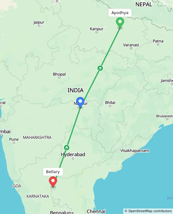 Route map showing distance and travel time from Ayodhya, India to Bellary, India