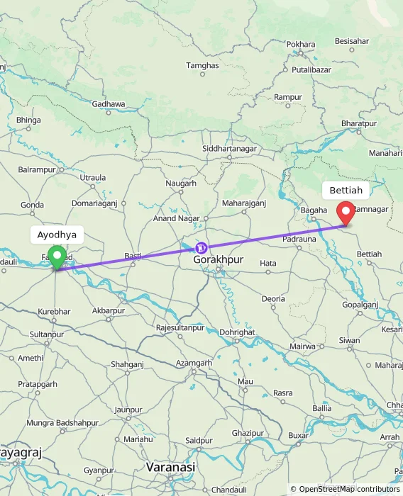 Route map showing distance and travel time from Ayodhya, India to Bettiah, India
