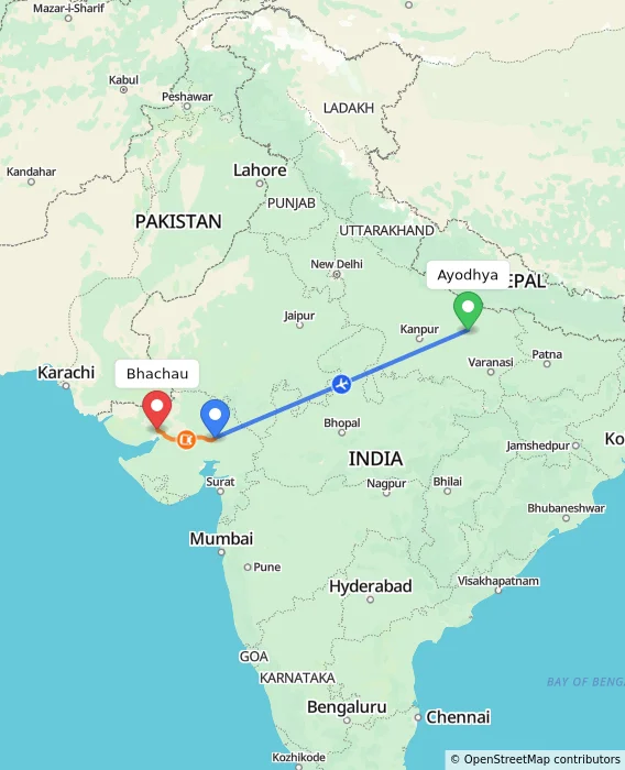 Route map showing distance and travel time from Ayodhya, India to Bhachau, India