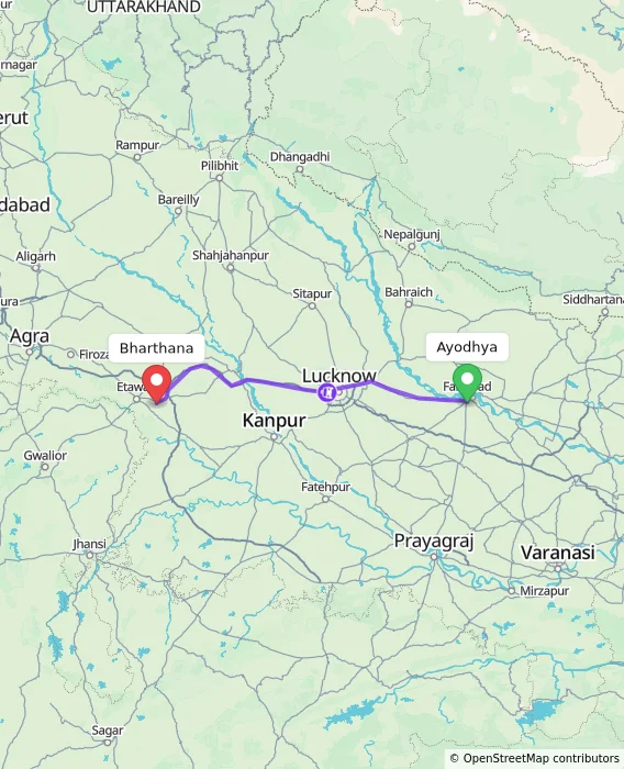 Route map showing distance and travel time from Ayodhya, India to Bharthana, India