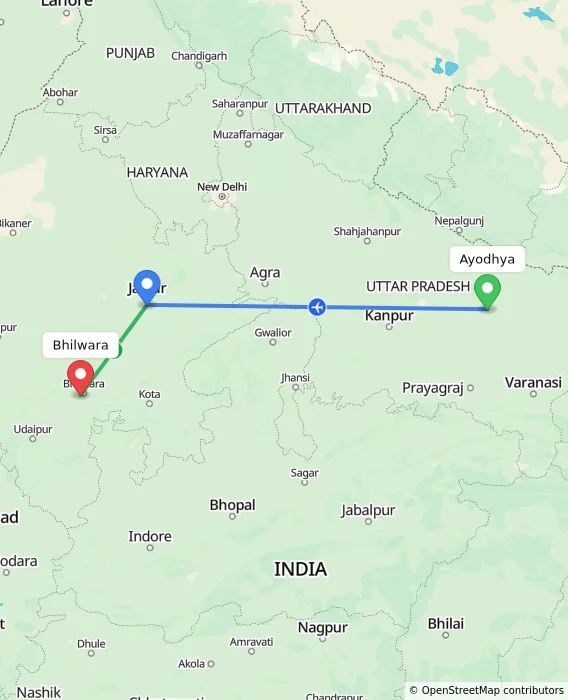 Route map showing distance and travel time from Ayodhya, India to Bhilwara, India