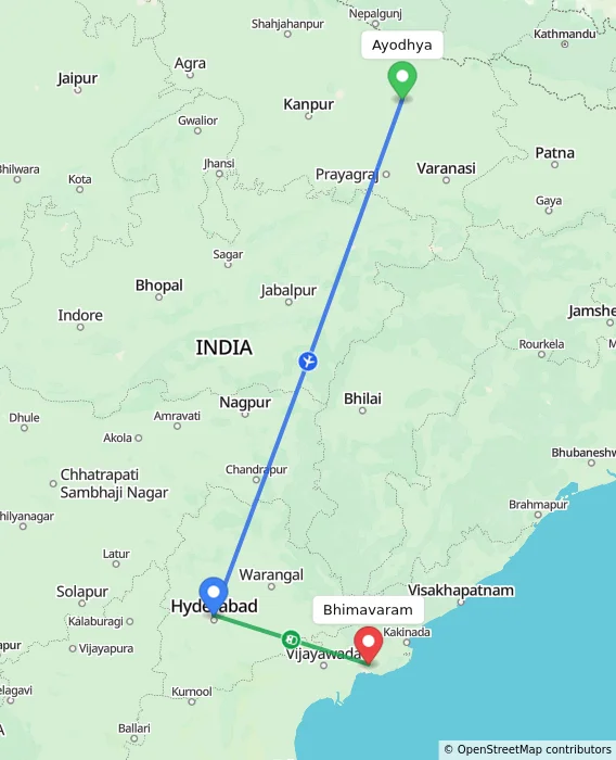 Route map showing distance and travel time from Ayodhya, India to Bhimavaram, India